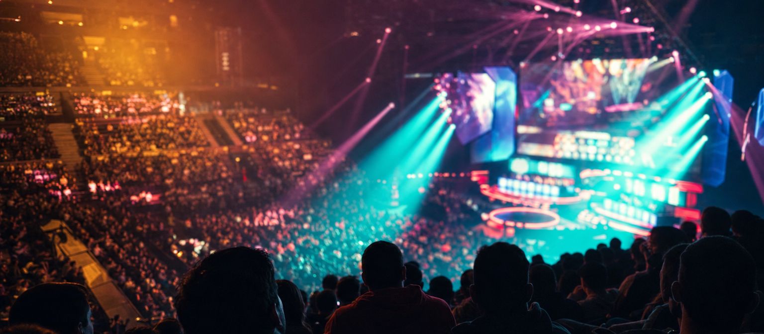 Escenario de un torneo de esports con focos de colores y público