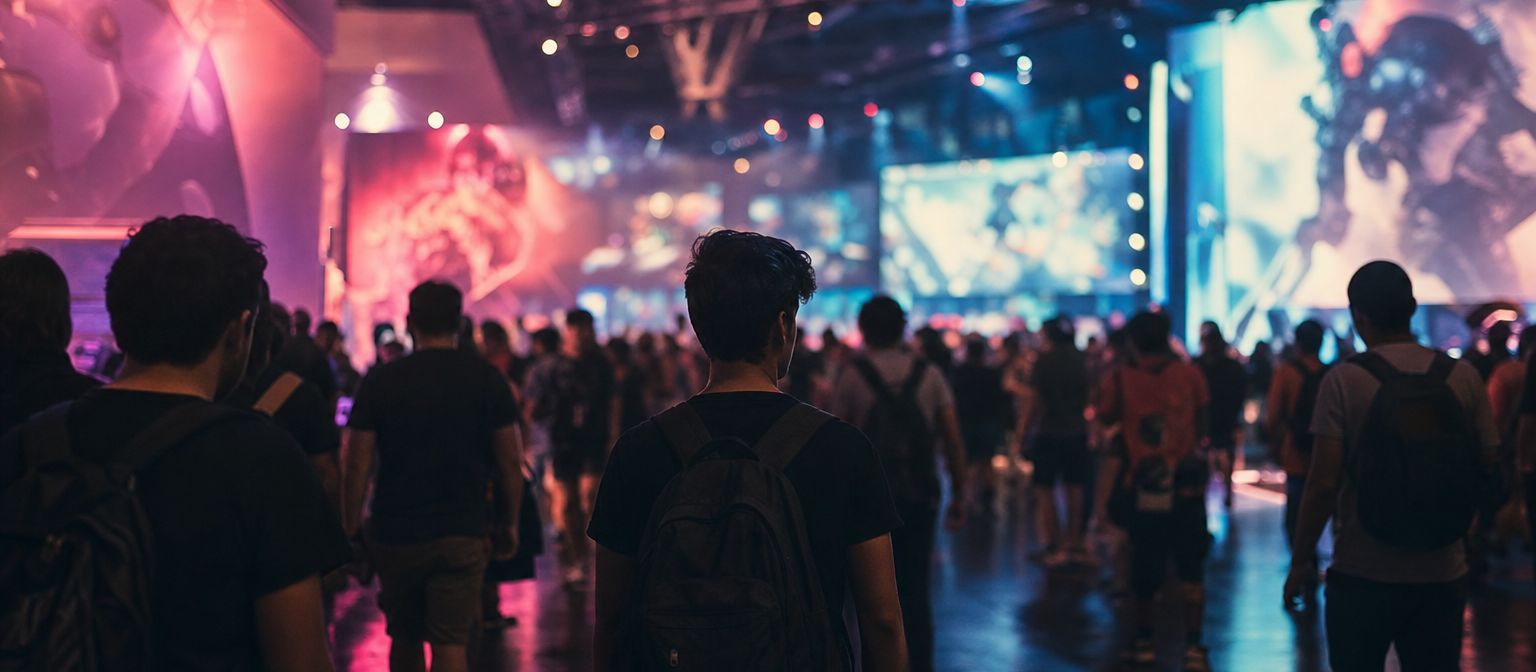 Pabellón de una feria de videojuegos con público entre stands iluminados